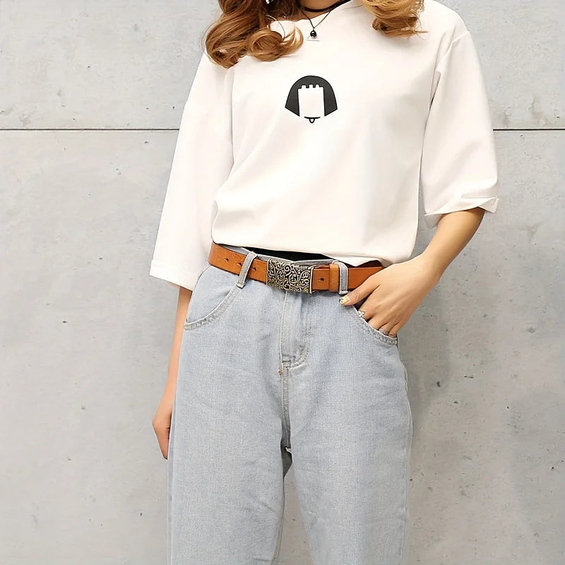 Vintage Flora Women Belts Cowhide Leather Belt Waistband with Sculpture Alloy Buckle for Dresses Skirts and Jeans