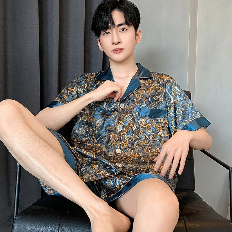 Pajamas Men Spring Summer Thin Ice Silk Luxurious Loose Fitting Home Wear Suit Male Satin Pyjamas Set Night Pajamas Set Men