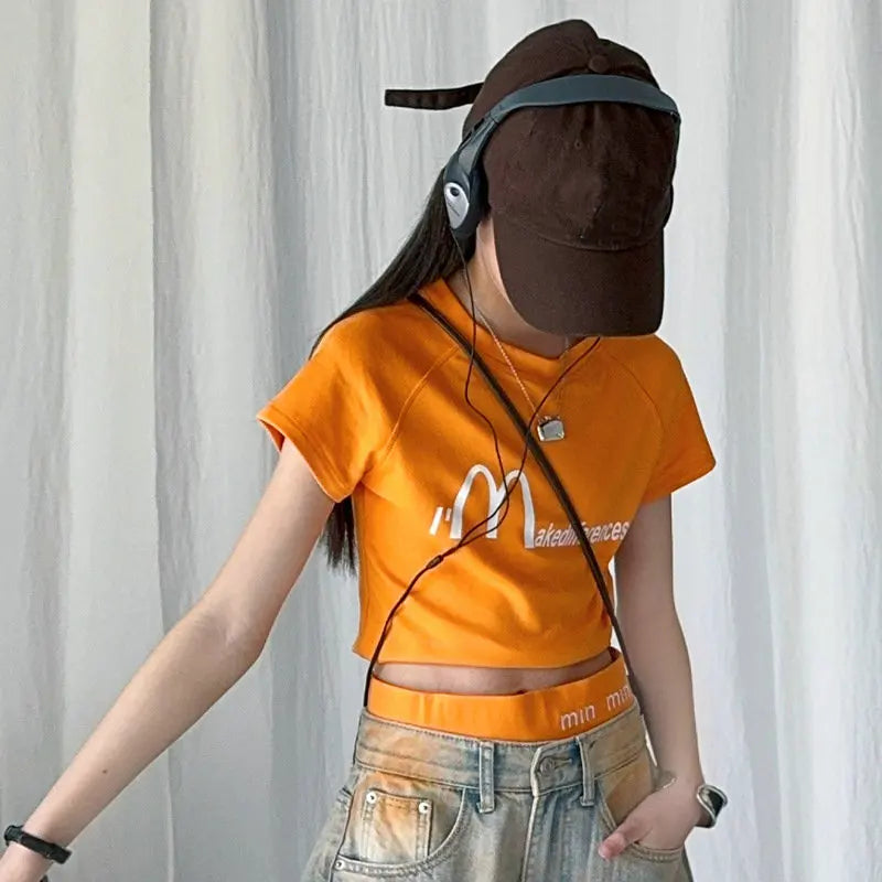 summer teen girls Orange washed graffiti straight leg jeans cotton letter short t-shirt top 4 10 12 14 junior child kids outfits