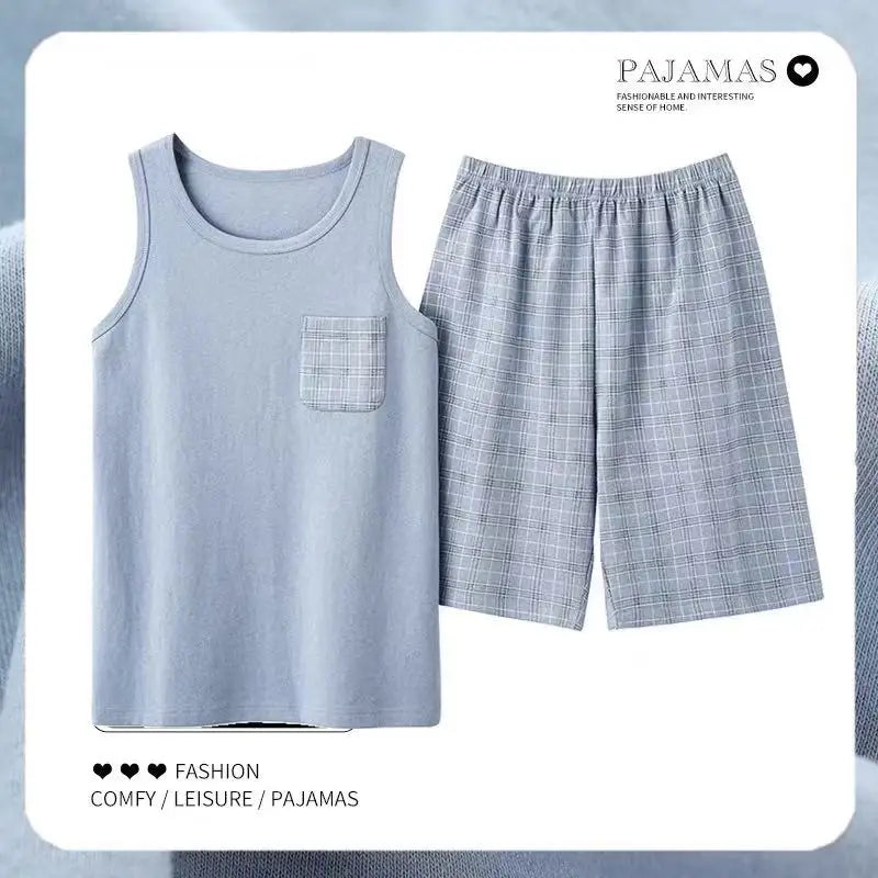 2026 New Men's Pajamas Sets Casual 100% Cotton Home Wear Sleeveless O-Neck Vest and Shorts Two Piece Sets Summer Couple Pajamas