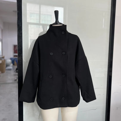 Fashion Short Woolen Coat For Women Stand Collar Full Sleeve Loose Zipper Jacket Female 2025 Spring Autumn Solid Lady Outwear