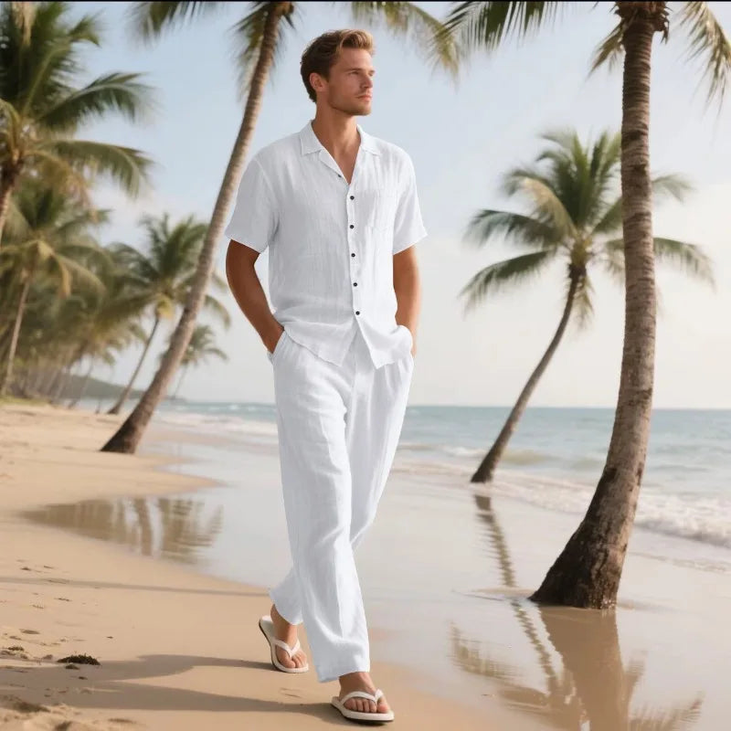 Men's Holiday Suits Summer Short Sleeve Shirts Pant Breathable Linen Beach Casual American Style Shirt Sets Leisure Trip Clothes