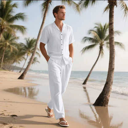 Men's Holiday Suits Summer Short Sleeve Shirts Pant Breathable Linen Beach Casual American Style Shirt Sets Leisure Trip Clothes