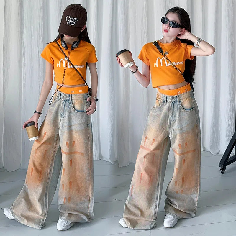summer teen girls Orange washed graffiti straight leg jeans cotton letter short t-shirt top 4 10 12 14 junior child kids outfits