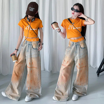 summer teen girls Orange washed graffiti straight leg jeans cotton letter short t-shirt top 4 10 12 14 junior child kids outfits