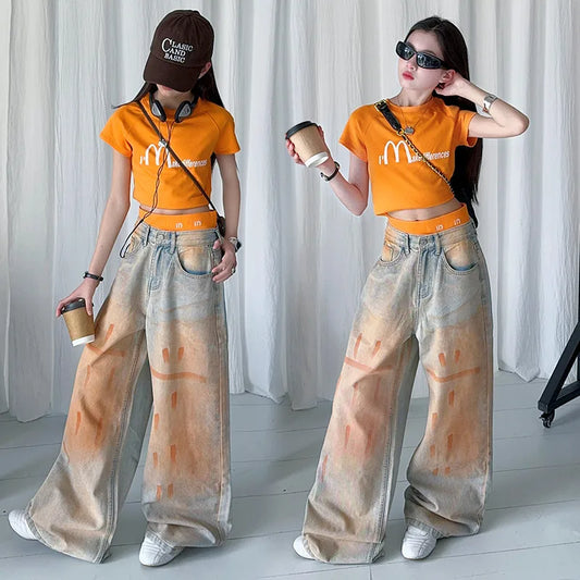 summer teen girls Orange washed graffiti straight leg jeans cotton letter short t-shirt top 4 10 12 14 junior child kids outfits