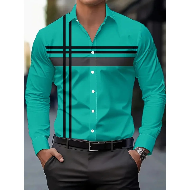 Men's Casual Dress Shirt with Modern Striped Design Regular Fit Long Sleeve Button-Up, Machine Washable for Spring Fall Office