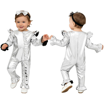 Baby Girls Clothes Birthday Party Metallic Bell Bottoms Romper Djustable Straps Bow Overalls with Headwear Photo Shoot Outfit