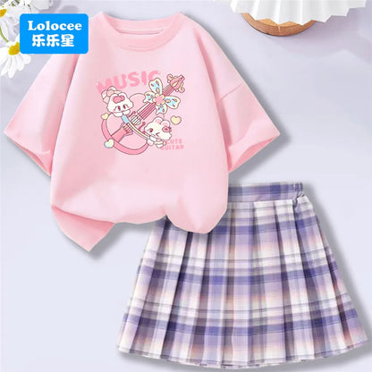 Girls' Trendy School Outfit - Cartoon Music Guitar Rabbit Print Tee + Plaid Skirt Two-Piece Set Teenage Girls Clothes Set