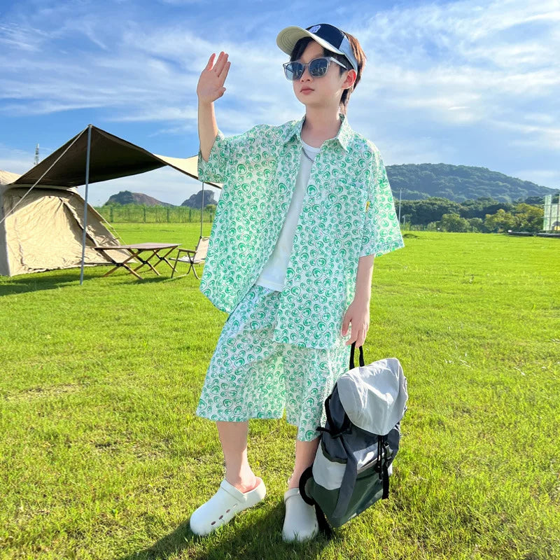 Boys' Summer Outfit Short-Sleeve Shirt Set 2025 New Design  Children Lightweight Summer Shirts for Middle Older Kids Beach Wear