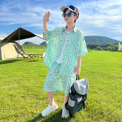Boys' Summer Outfit Short-Sleeve Shirt Set 2025 New Design  Children Lightweight Summer Shirts for Middle Older Kids Beach Wear