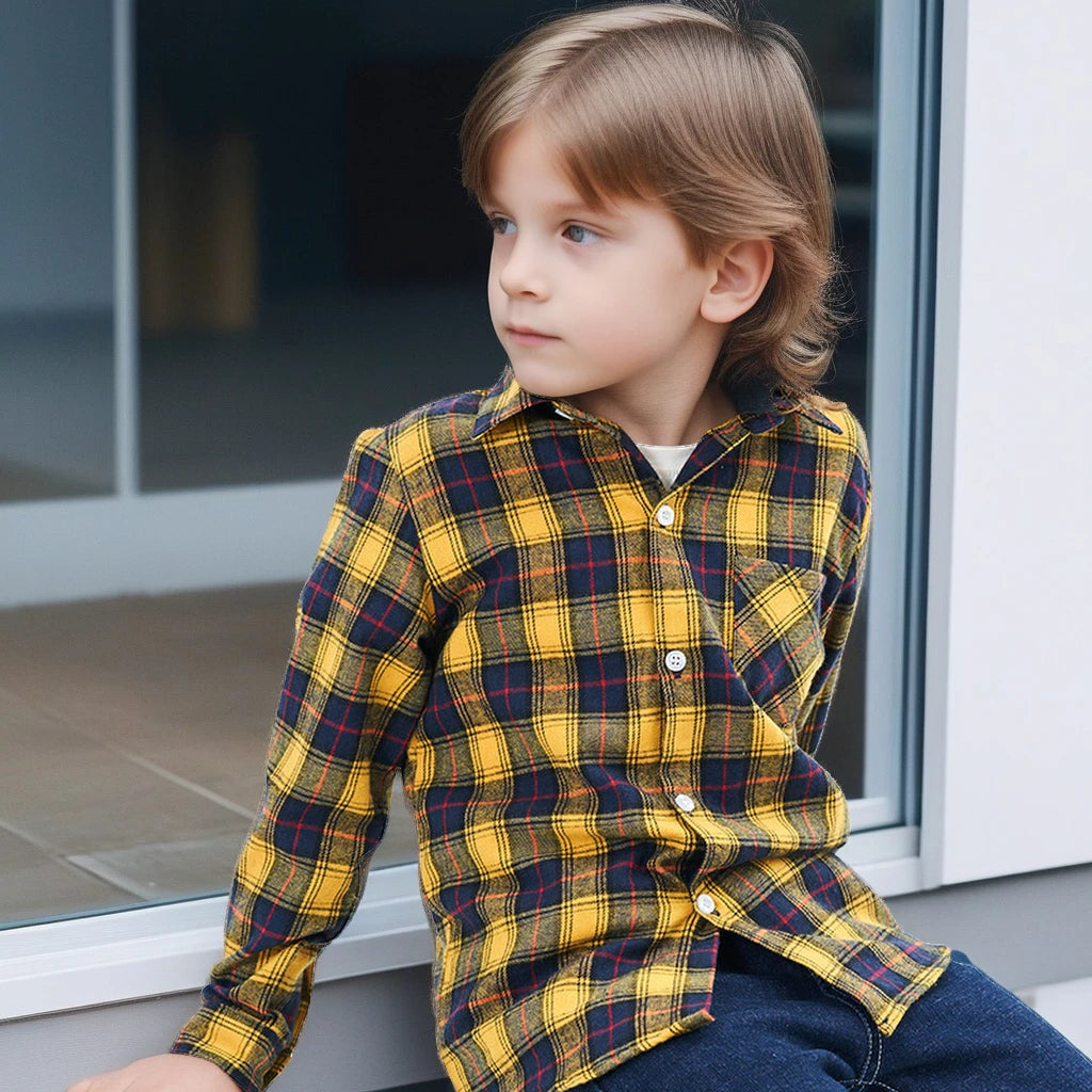 Shirts for Boys Spring Autumn Fashion Casual Plaid Blouse School Boys Clothes Long Sleeve Brushed Shirt Teen Children Clothes