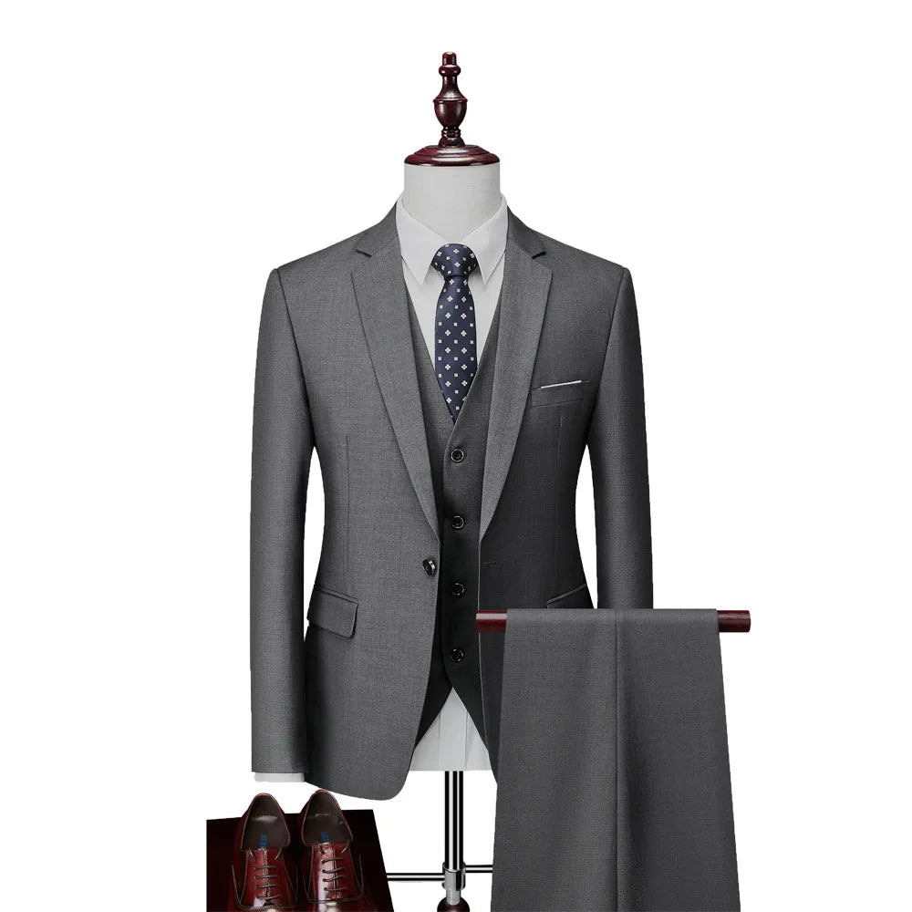 Man Suit Set Simple Solid Color Long Sleeve Male Outfit Single-breasted Slim Business Wedding Versatile Men Three-piece Suits