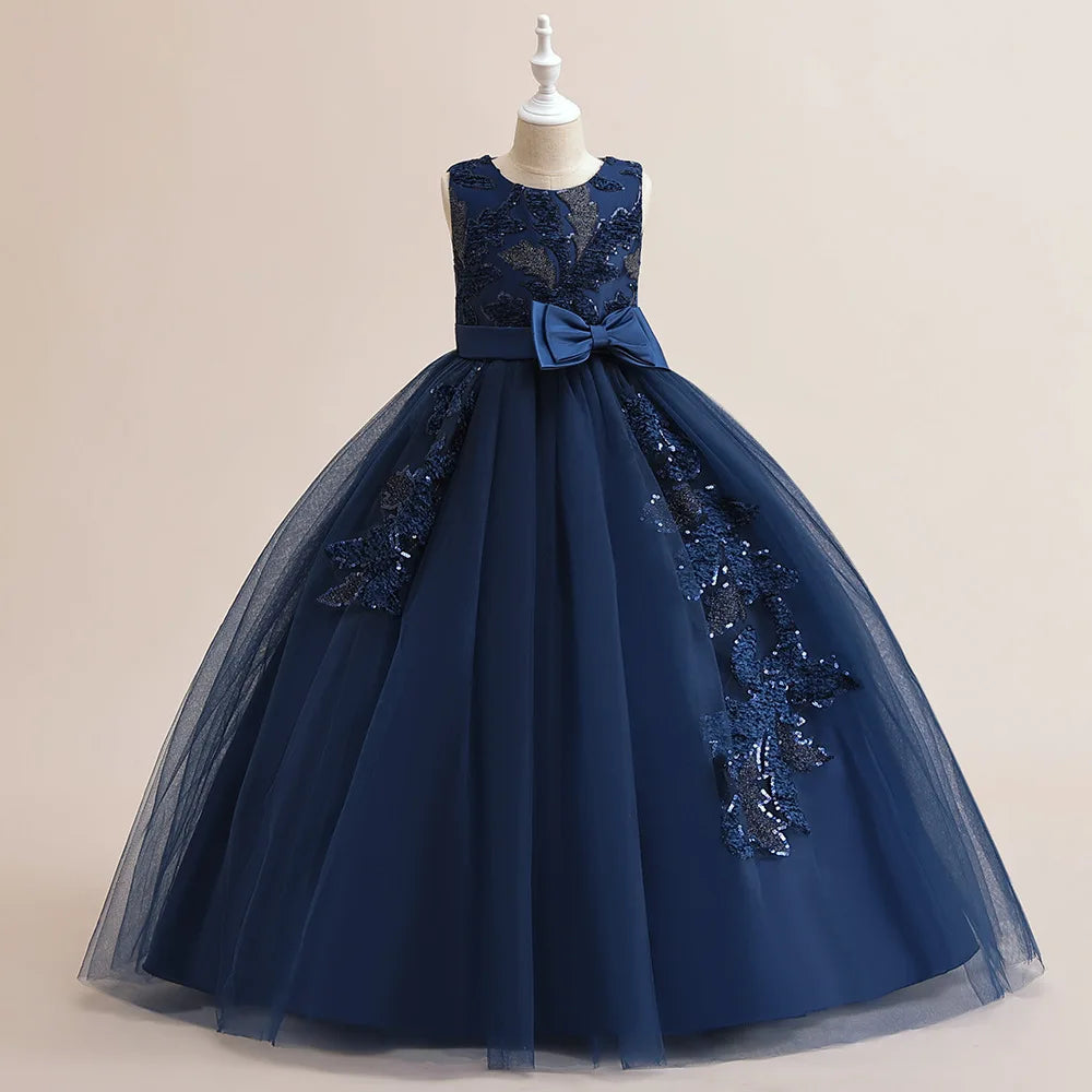Formal Party Dress For Teenage Girls Tulle Sequins Embroidery Princess Dress For Kids Wedding Birthday Pageant Prom Maxi Gown