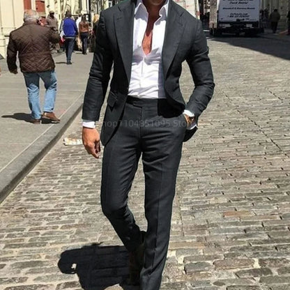 Classic Suits for Men Notch Lapel 2 Pieces Business Blazer and Pants Set Elegant Slim Fit Men's Suit for Wedding Prom Groomsmen
