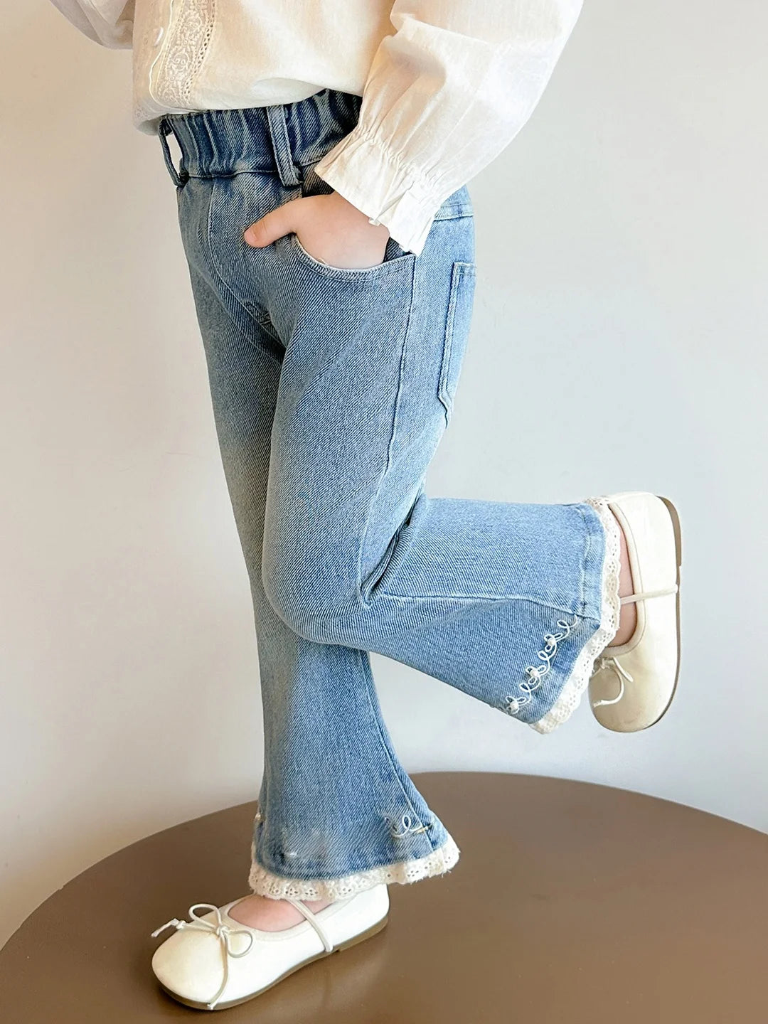 Girls Casual Pearl Trimmed Denim Pants Spring Autumn New Style Fashionable Kids Clothing High Waist Flared Legs Thin Material