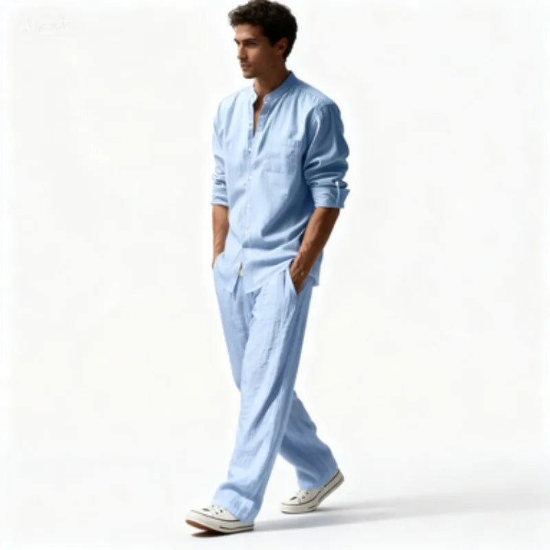 Fall Men's Cotton and Linen Two-piece Set, Oversized Simple Versatile Long-sleeved Shirt + Pants Comfortable Linen Suit for Men