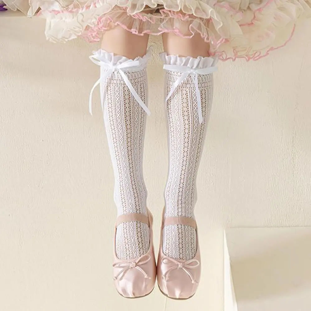 Sweet Girls Long Socks Stockings  Lolita Bowknot Ruffles Knee Socks Women Hollow Out Mesh Fishnet Stockings