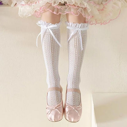Sweet Girls Long Socks Stockings  Lolita Bowknot Ruffles Knee Socks Women Hollow Out Mesh Fishnet Stockings