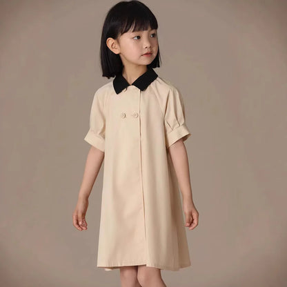 Girls Dress 2025 Spring Summer New Simple Temperament Cotton Contrasting Turn-down Collar Double Breasted Short Sleeved Dress