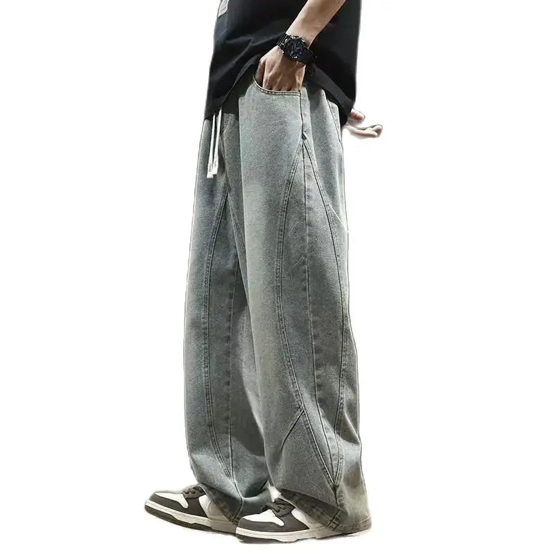 Teenage spring straight leg jeans for boys  loose straight leg casual curved knife pants student washed wide leg long pants