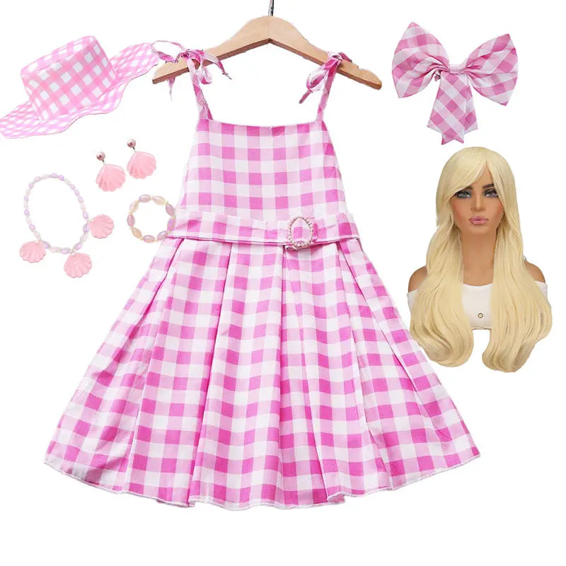 Girls' Summer Off Shoulder Dress with Belt Suitable For Female Pink Plaid Frock Kid Christmas And Halloween Role-Playing Costume