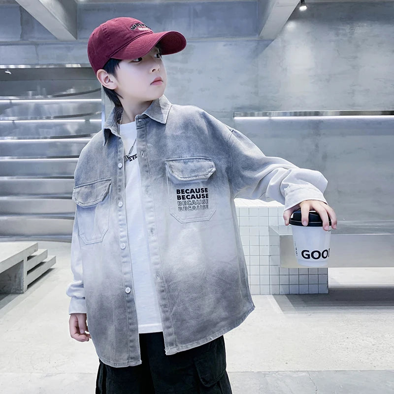 Loose Teenage Boy Gray Gradient Denim Shirt Jacket For Child Age 5 6 7 8 9 10 11 12 13 14 Years Kids Casual Spring Clothing Coat