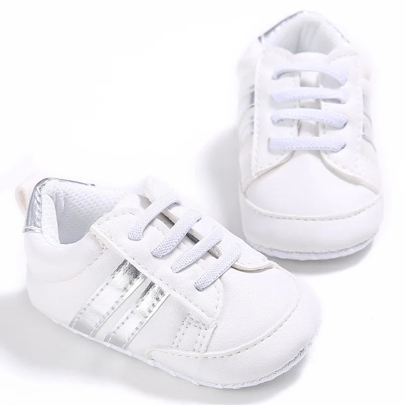 Newborn Baby Boys Shoes for 1 Year Footwear with Striped Infant Casual PU Leather Toddler Soft Sole Girls Sneakers First Walkers