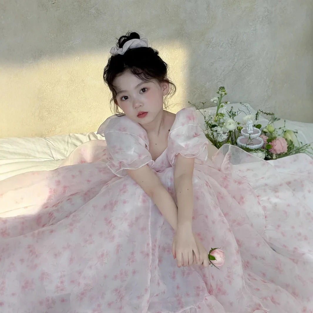 Girls Skirts 2025 Summer New Childrens Wear Korean Style Baby Girl Floral Square Collar Gauze Peng Peng Princess Skirt Casual
