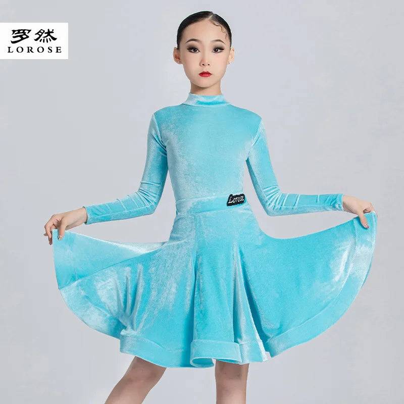Girls' Latin Dance Dress Autumn/Winter Long Sleeve Professional Practice Dress Velvet Split Set Dance Performance Dress
