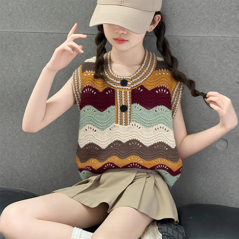 Girls Wave Pattern Summer Sweater + Skirt Clothing Set Kids Child High Quality Streetwear Knitted Top and Bottom Clothes Set