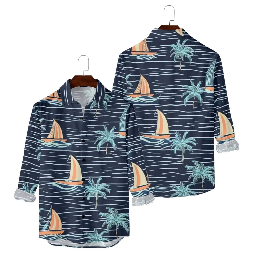 Hawaiian Men Shirts Sunset Oasis Palms Print Full Sleeve Streetwear Button Up Casual Beach to Bar Parties Poolside Shirt Pocket