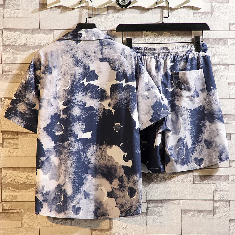 2-piece Fashionable Beach Men's Casual Printed Short Sleeved Shirt Summer Outfit New Shorts Set