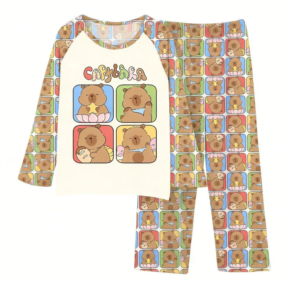 Boys Girls Pajamas Sets Kids Toddler 3 to 4 5 6 7 8 9 10 11 12 Years Capybara Pink Brown Long Sleeve Pyjamas Children's Clothing