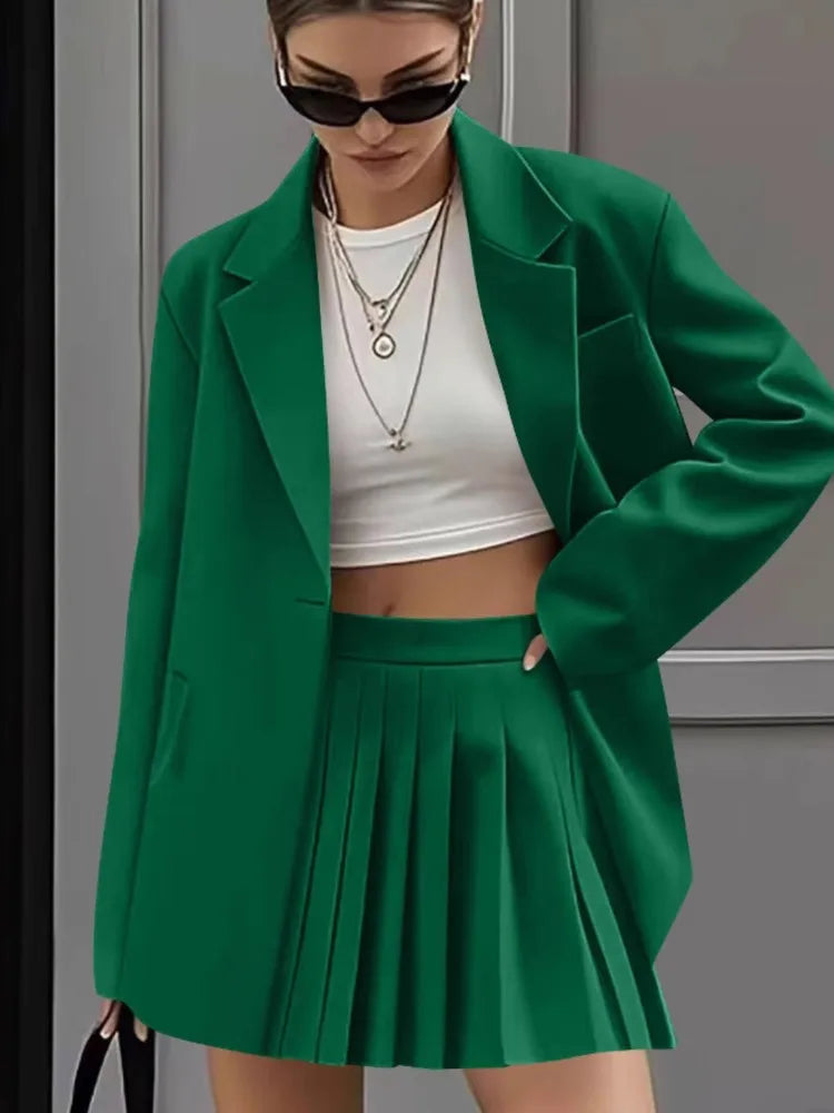 Women's New Fashion Casual Two-Piece Sets Pleated Skirt Suits Women Spring Autumn Office Ladies Solid Suit Coat And Skirt Set