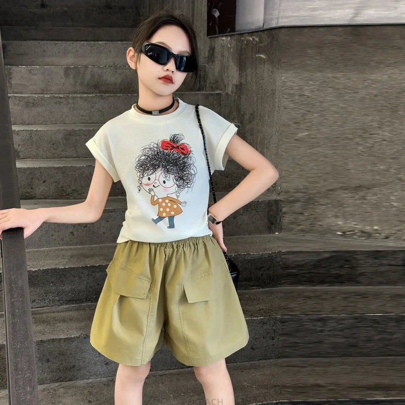 Teen Girls Summer Clothing Set Cartoon T Shirt Cargo Shorts 2PCS Suit Kids Child Fashion Streetwear Outfits 5 6 8 10 12 13 14 Y