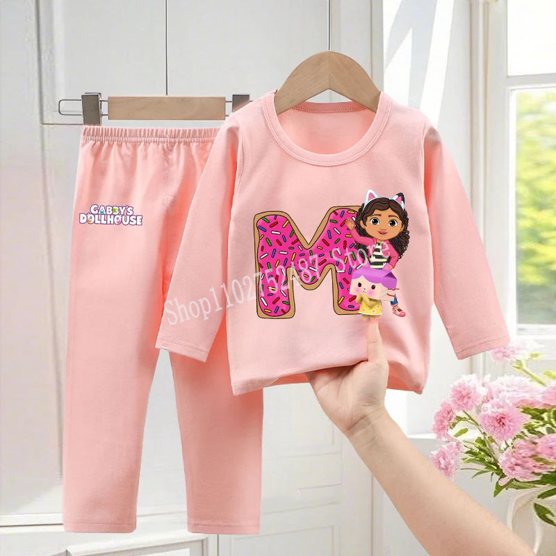 Gabby Dollhouses Pajamas Pants Set Girls Cute Letter A-Z Nightwear Trousers Kids Winter Home Clothes Children Long Sleeves Gift