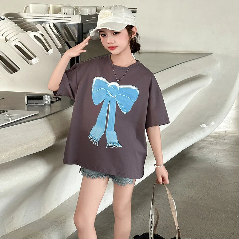 Girls Summer T-shirt Short Sleeve Fashion Design Casual Teenage Kids Tee Tops with Bow Children Short Sleeve Tshirt Clothing