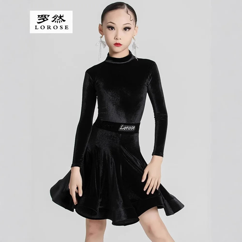 Girls' Latin Dance Dress Autumn/Winter Long Sleeve Professional Practice Dress Velvet Split Set Dance Performance Dress