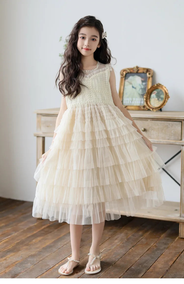 Tulle Tiered Dress for Girls 2026 New Summer Sleeveless Vest Princess Dress Daily Party Holiday Beige Teenage Children Clothes