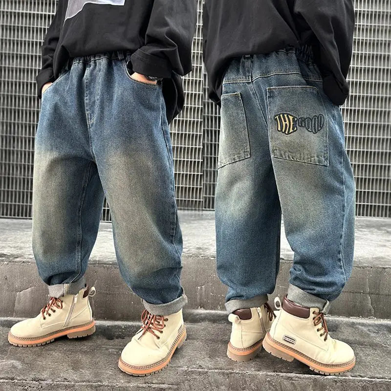 Boy Jeans For Teenage Casual Style Letter Pattern Loose Pants For Children Toddler Kids Clothes 4 6 8 9 10 11 12 13 14 Years