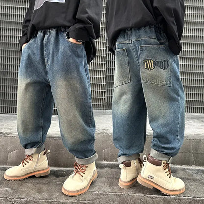 Boy Jeans For Teenage Casual Style Letter Pattern Loose Pants For Children Toddler Kids Clothes 4 6 8 9 10 11 12 13 14 Years