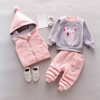 Baby Boy Clothes 2023 Autumn Cotton Thick Warm Casual Hooded Sweater Winter Cartoon Cute Bear Three-Piece Baby Girl Suit 0-5Y
