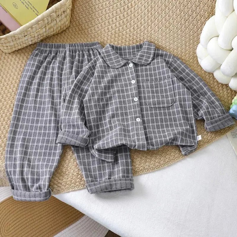 Boys and Girls children's Pajama Set autumn winter Korean Style Plaid Cardigan Lapel long-sleeved PJs Set Loungewear Two-piece