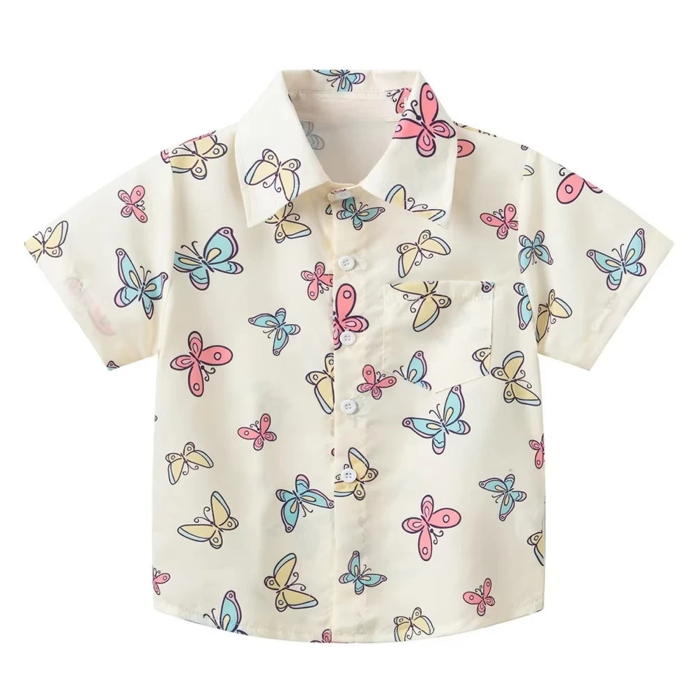 Girl Blouse Fashion Pink Flower Printed Children Top Lapel Short Sleeve Girl Clothes from 5 to 6 Years Top Shirts for Children