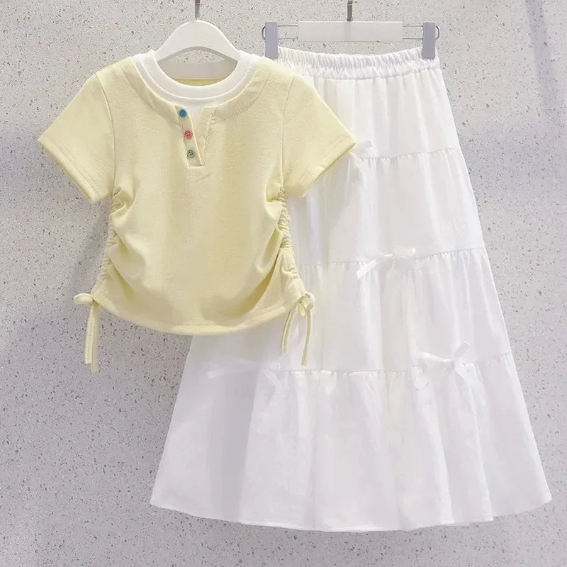 Summer Teenage Girls Clothes Set Children O-Neck Tshirt and Mid Skirt Suit Student School Short Sleeve Top Bottom Outfits