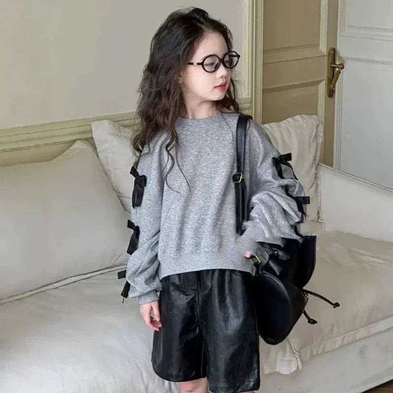 Girls' Bow Sweatshirt Cute Long Sleeve Top for Spring Autumn Kids Casual Pullover  Kids Clothes Girls