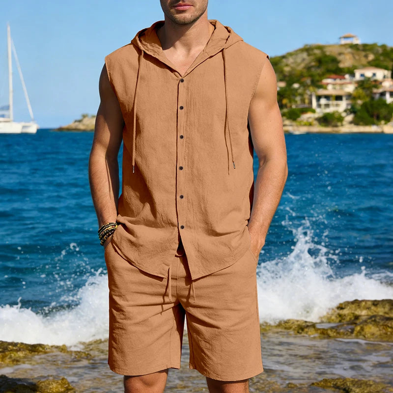 Men's two-piece linen hooded set sleeveless cardigan hoodie & knee-length shorts suitable for casual summer beachwear