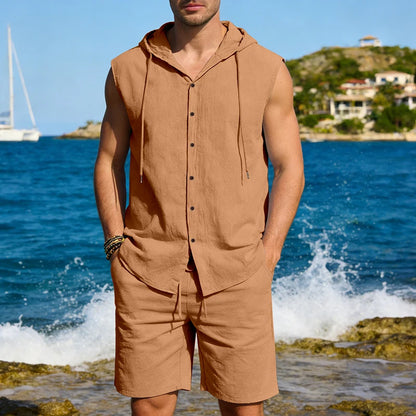Men's two-piece linen hooded set sleeveless cardigan hoodie & knee-length shorts suitable for casual summer beachwear