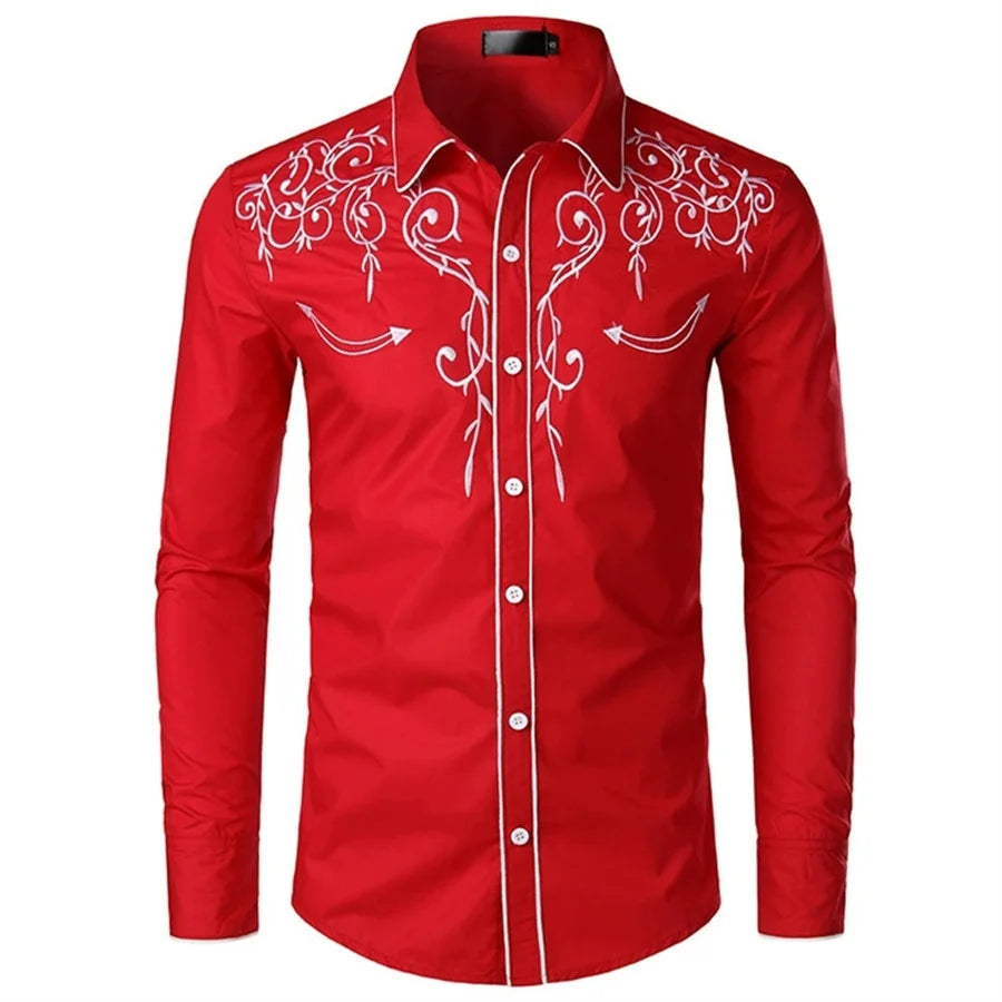 White Embroidery Shirts for Men Casual Shirt Western Style Cowboy Long Sleeve Party Dress Tops Classic Men's Clothing